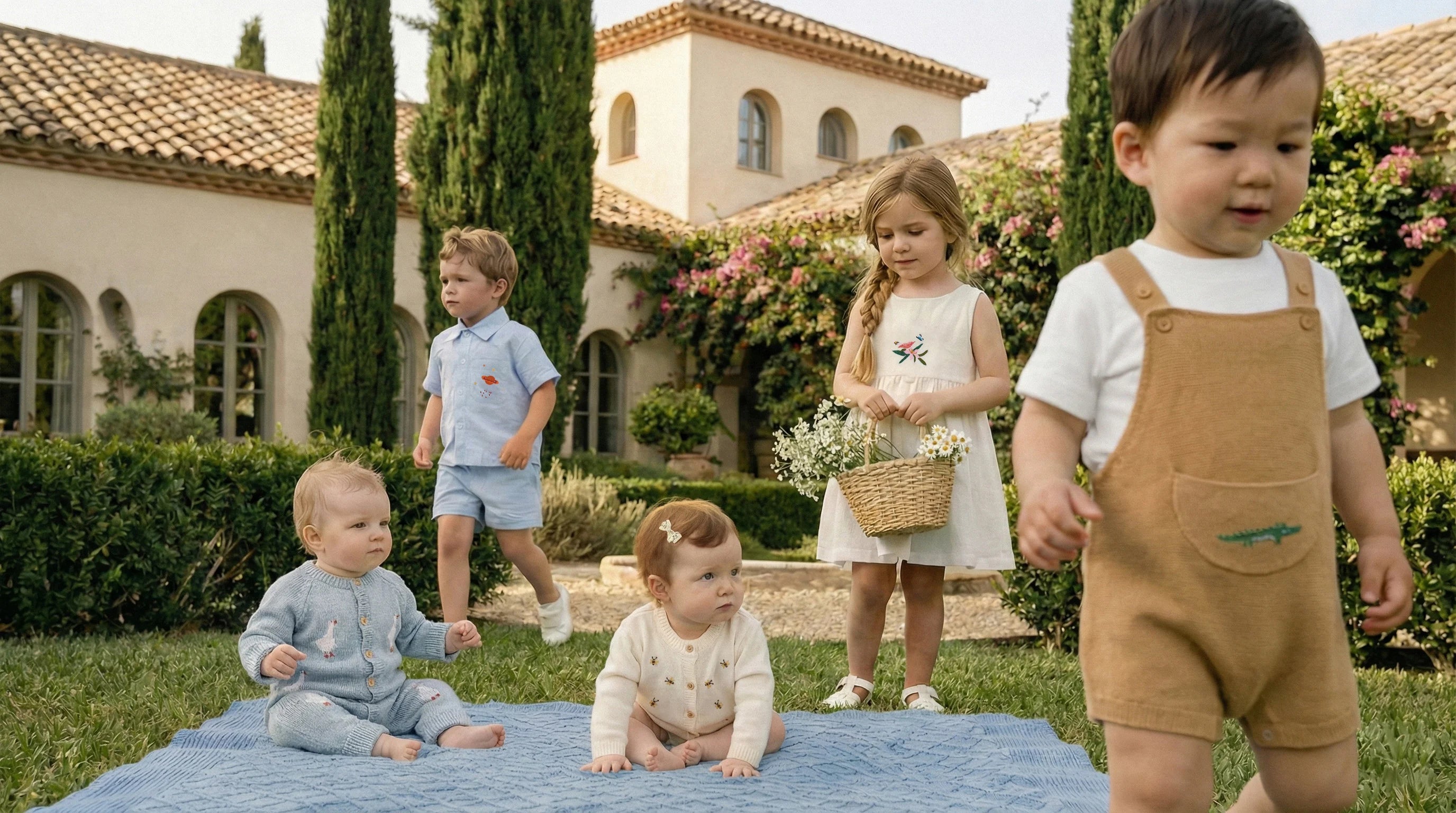 Children playing in the garden of a Mediterranean villa
